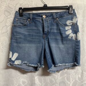 Blue Denim Frayed Hem Women's Jean Shorts with White Floral Detail